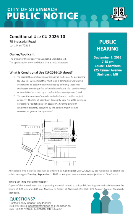 Page 1 of the Public Notice outlining Conditional Use CU-2026-10 (linked to file).