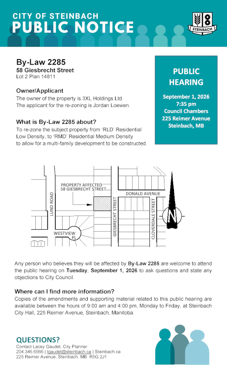 Page 1 of the Public Notice outlining By-Law 2285 (linked to file).