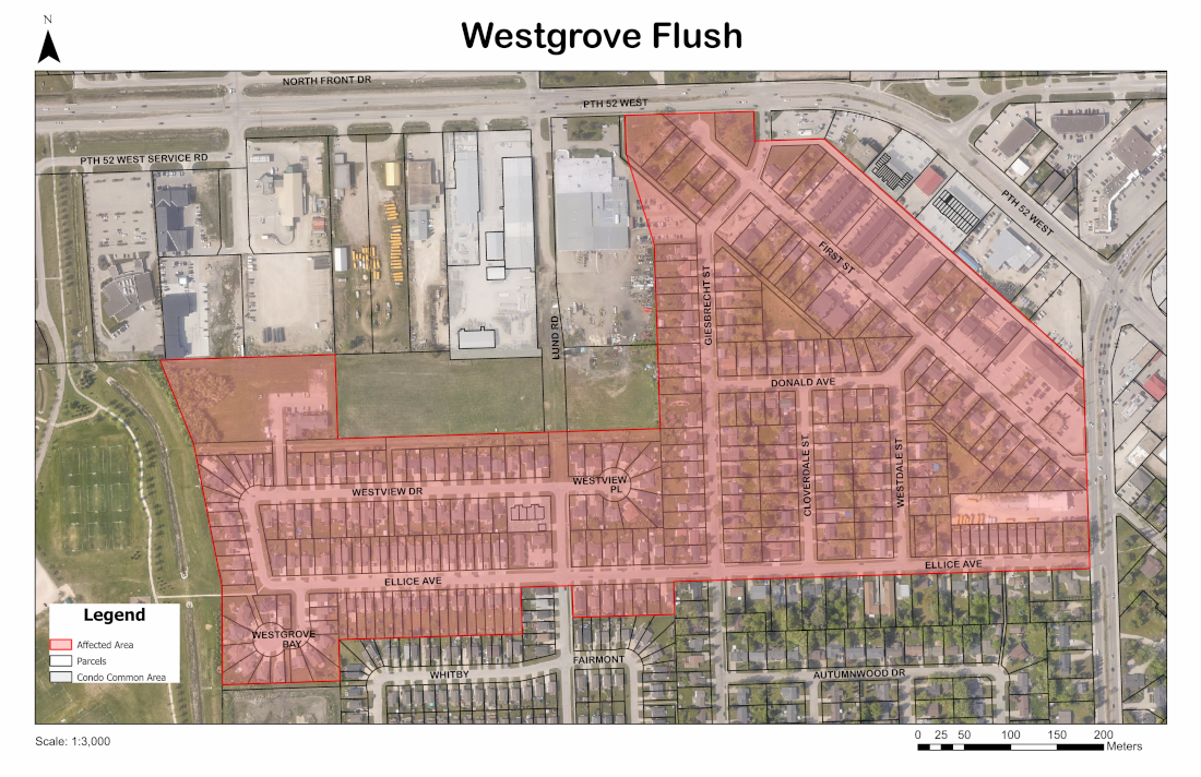 Map outlining surrounding area affected by water flushing on Westgrove Bay, including properties along: • Westgrove Bay • Ellice Avenue • Westview Drive • Westview Place • Giesbrecht Street • First Street • Donald Ave West • Westdale Street, and • Cloverdale Street