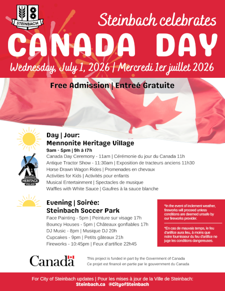 Poster for "Steinbach Celebrates Canada Day" on Wednesday, July 1, 2026. Linked to PDF file | Affiche pour &laquo; Steinbach c&eacute;l&egrave;bre la f&ecirc;te du Canada &raquo; le mercredi 1er juillet 2026. Lien vers le fichier PDF.
